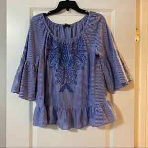 INC striped top w/3/4 bell sleeve & embroidery.